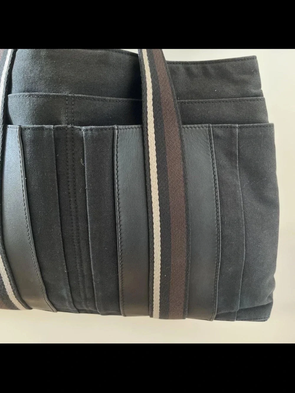 Hermes Black Canvas Tote with Brown and Gray Striped Straps